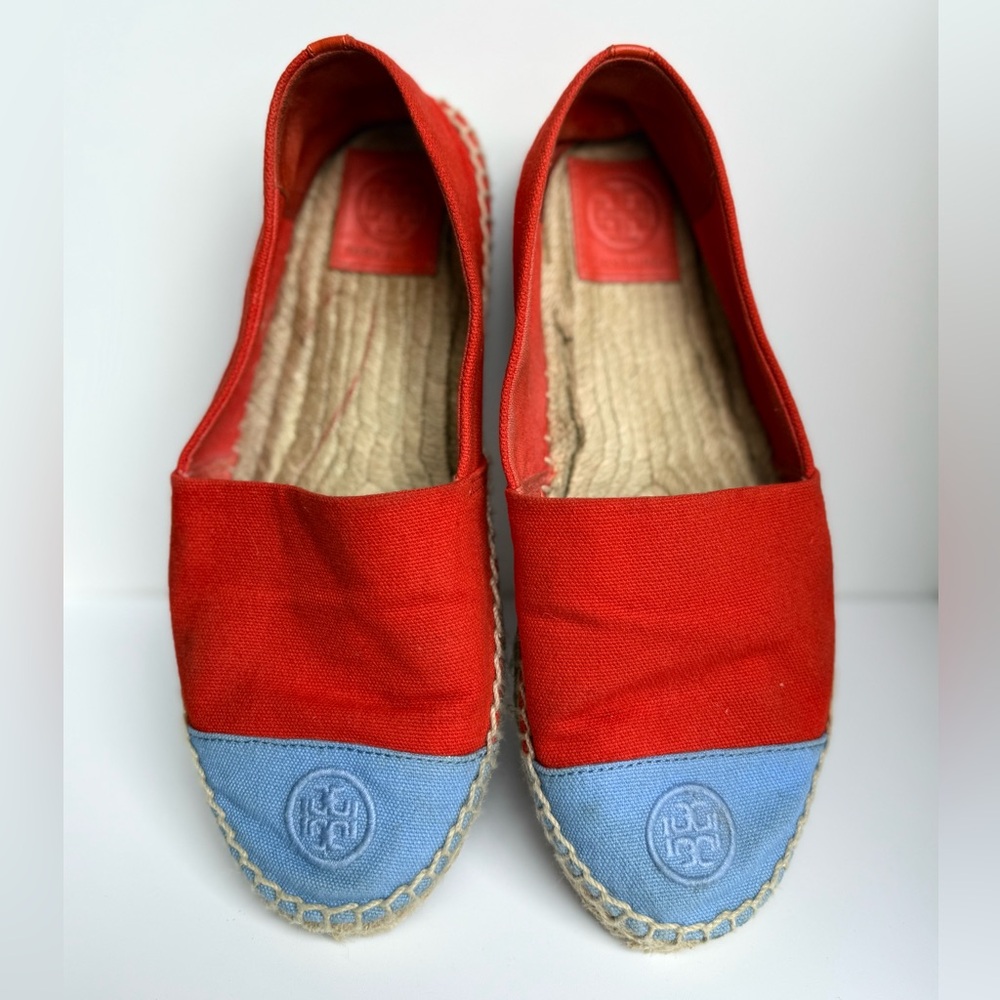 Tory Burch Colorblock Canvas Espadrilles Red Blue Flats Size 9 Logo Cap Toe‎